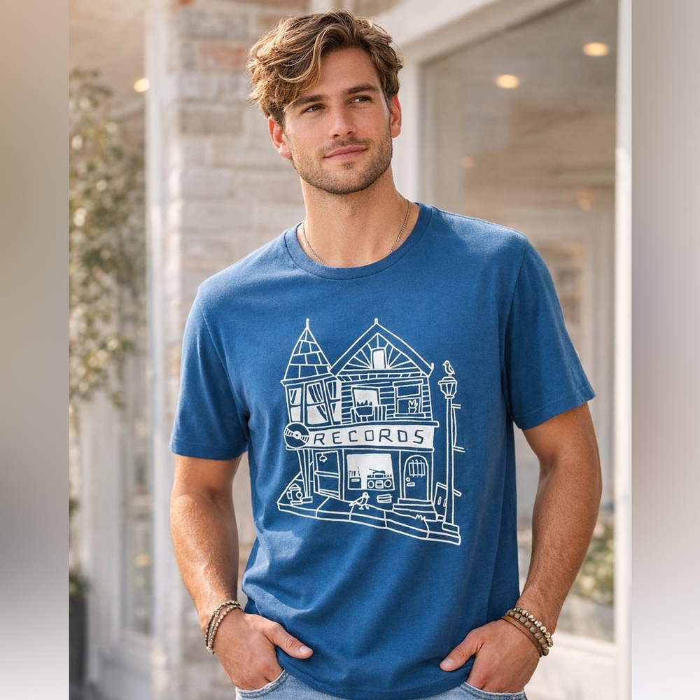 Record Store Blue Graphic T-Shirt